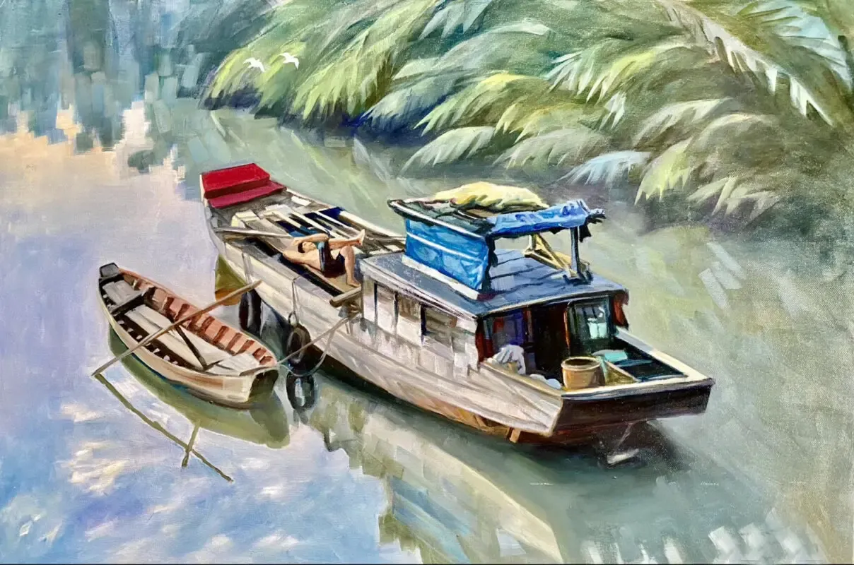 Bức tranh màu nước vẽ vùng quê sông nước, với con thuyền và cảnh vật yên ả