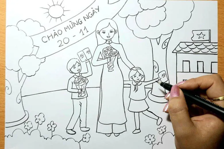 Thêm chi tiết và điểm nhấn để hoàn thiện bản vẽ tranh 20/11