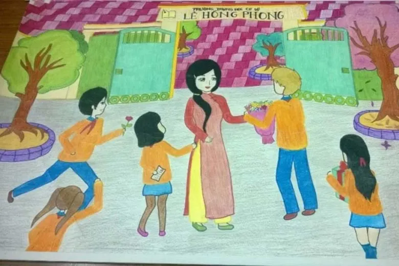 Mẫu tranh 20/11: Học sinh tặng hoa tươi thắm cho thầy cô giáo