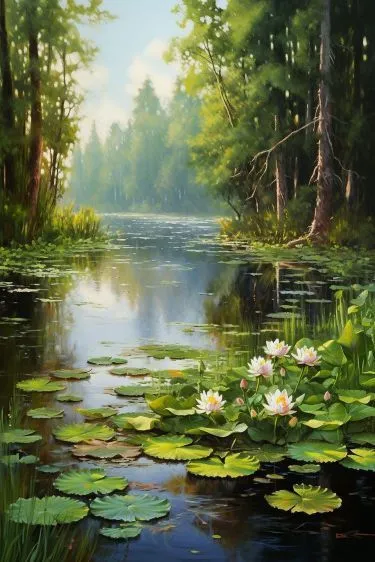 Tranh màu nước phong cảnh đầm súng thơ mộng, với những bông súng nở rộ