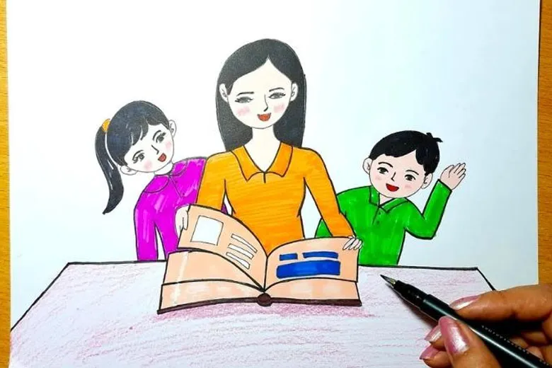 Mẫu tranh 20/11: Khung cảnh trường học ngày 20 tháng 11 với hoa và cờ
