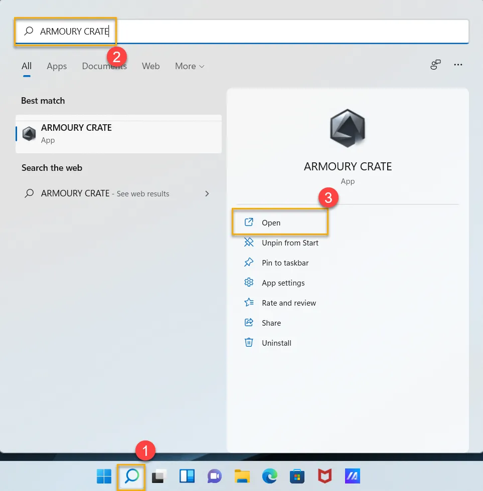 Tìm kiếm Armoury Crate trong Windows Search để mở ứng dụng