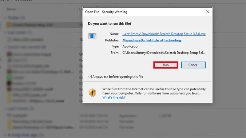 xác nhận chạy file cài đặt scratch
