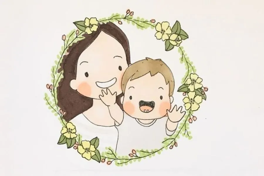 Tranh chủ đề 8/3: Bé trai tặng hoa mẹ/cô