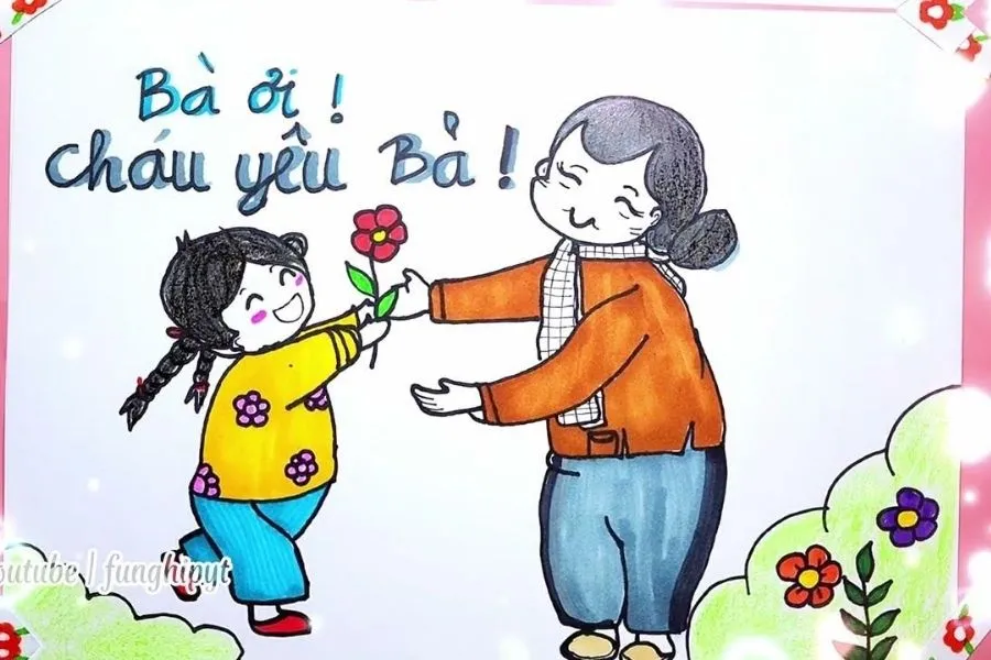 Tranh vẽ 8/3 tặng bà: Cháu và bà cùng nhau