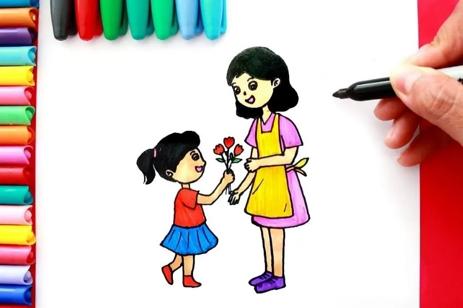 Tranh vẽ 8/3 tặng mẹ: Chân dung mẹ và hoa