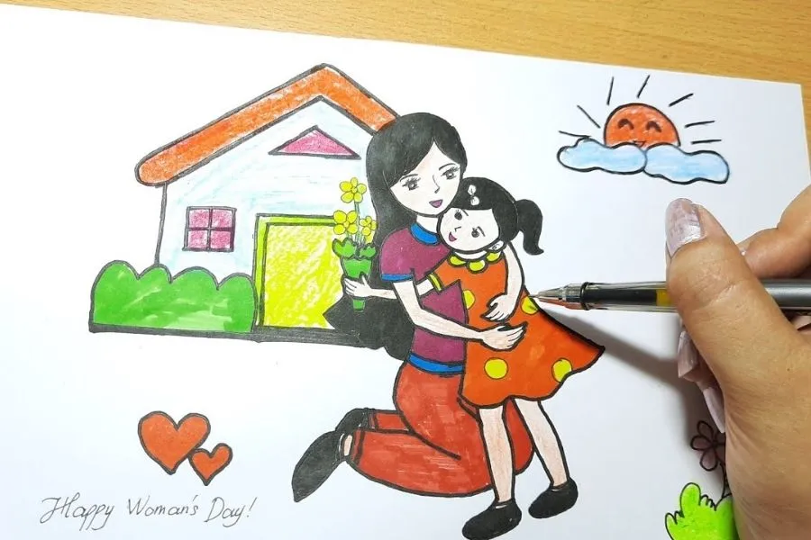 Tranh vẽ 8/3 tặng mẹ: Bé giúp mẹ làm việc nhà