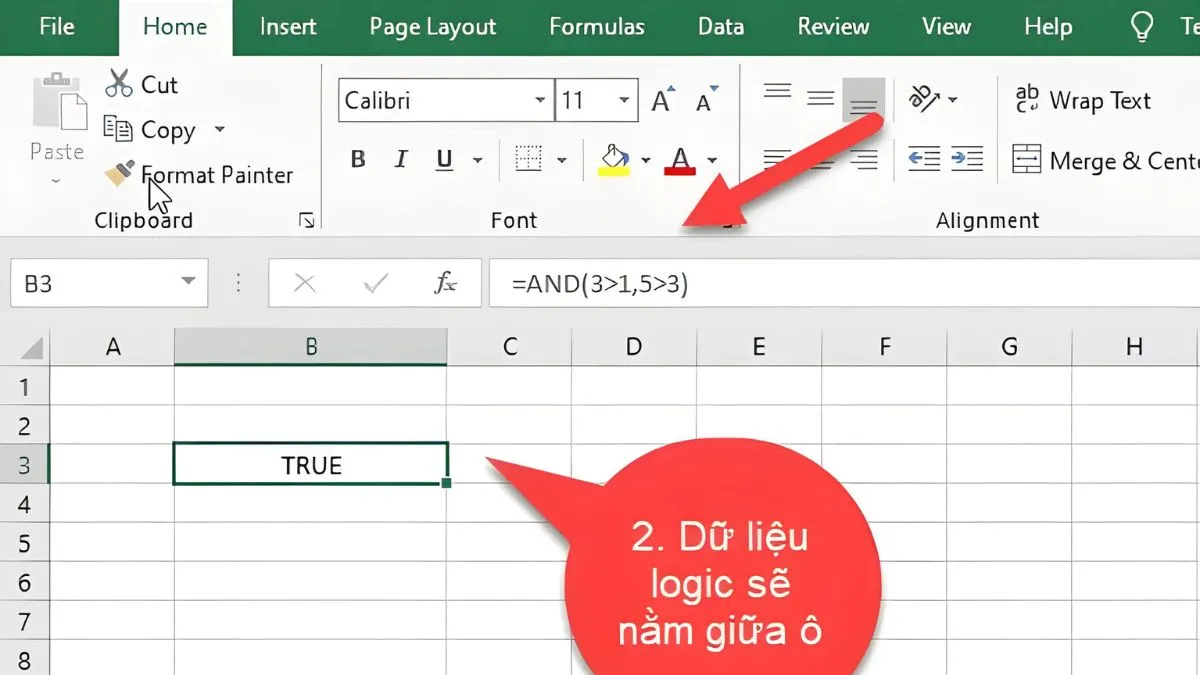 Bảng Excel đơn giản thể hiện kết quả True/False của phép so sánh logic