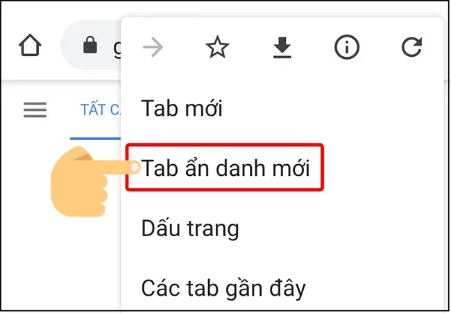 Minh họa chọn 'Tab ẩn danh mới' trong menu của ứng dụng Chrome trên điện thoại Android.
