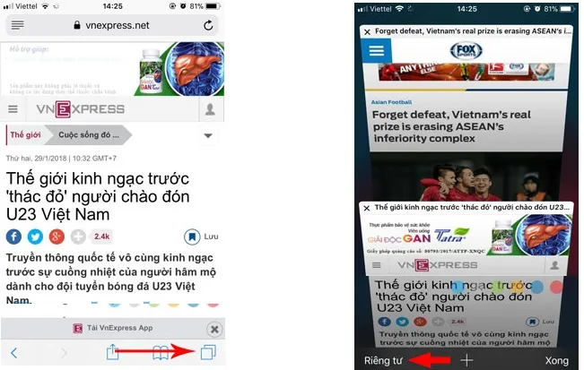 Hướng dẫn mở chế độ duyệt web riêng tư (tab ẩn danh) trong ứng dụng Safari trên iPhone.