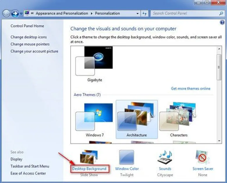 Giao diện cài đặt Personalize để thay đổi hình nền trên Windows 7