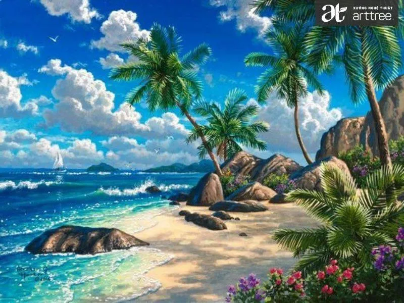 Mô tả tranh phong cảnh biển đơn giản với bãi cát, sóng và bầu trời xanh.