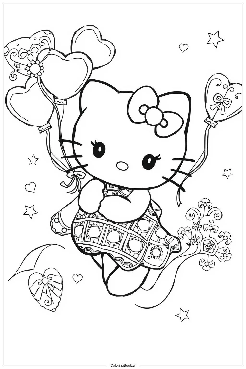 Tranh tô màu Bóng Bay Hình Trái Tim Với Hello Kitty