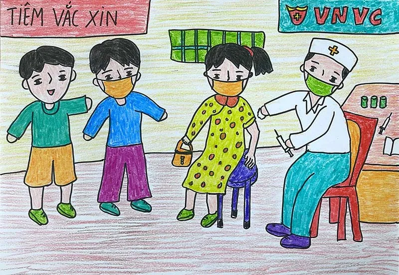 Tranh vẽ cả nhà cùng đi tiêm chủng của bé Hồng Phúc