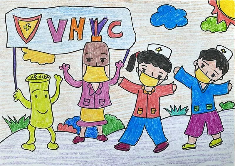 Tranh vẽ vắc xin là bạn đồng hành bảo vệ trẻ em của bé Anh Khoa