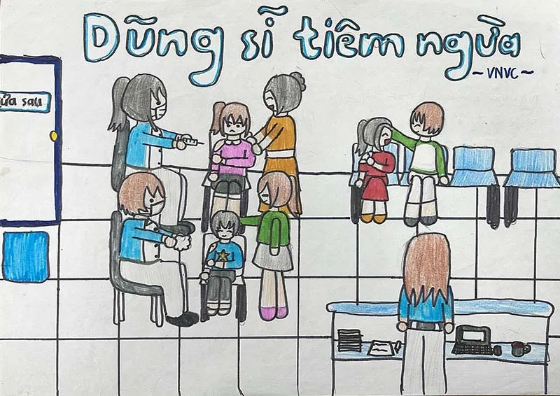 Tranh vẽ bé và bạn bè đi tiêm chủng vắc xin tại VNVC của bé Phương Vy