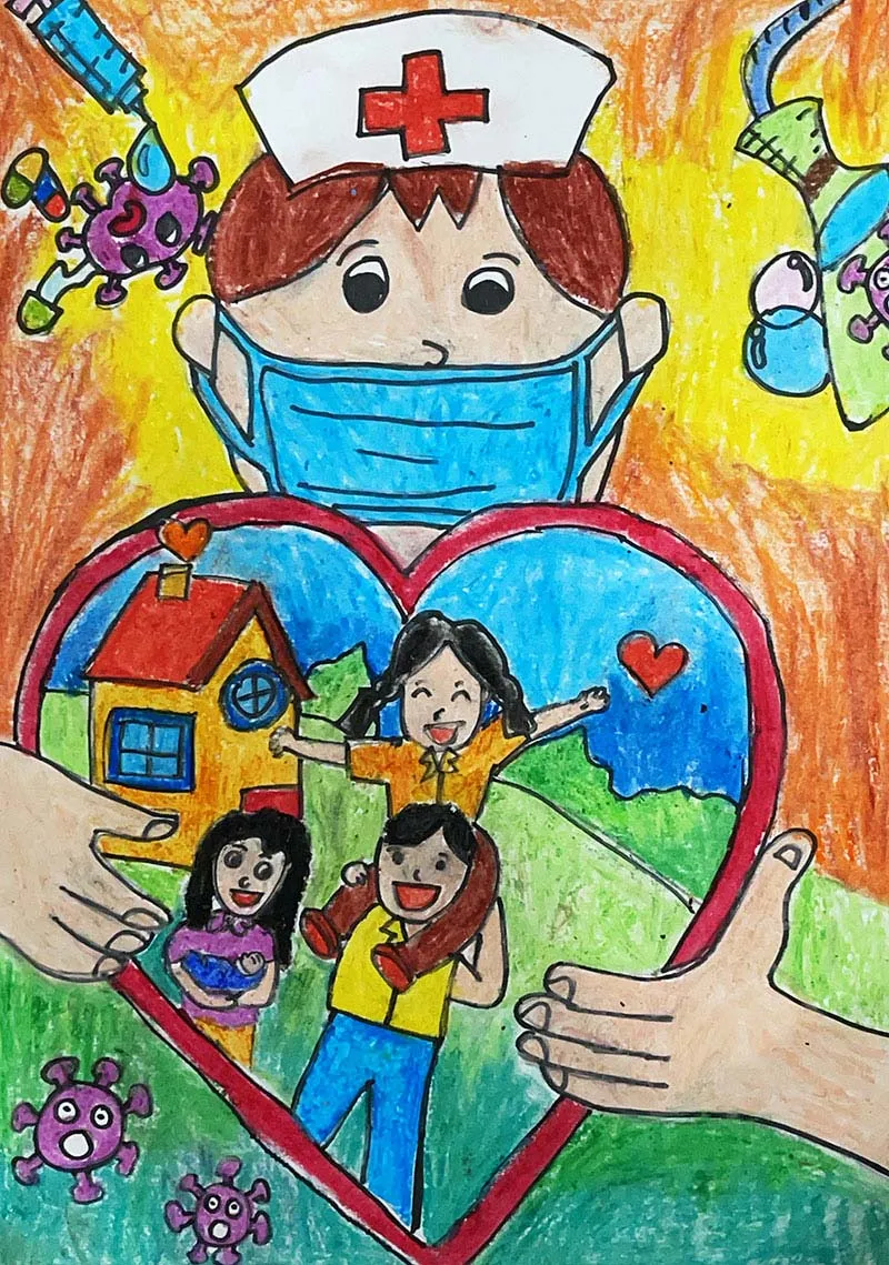 Tranh vẽ dũng sĩ tiêm ngừa bảo vệ sức khỏe gia đình của bé Thùy An
