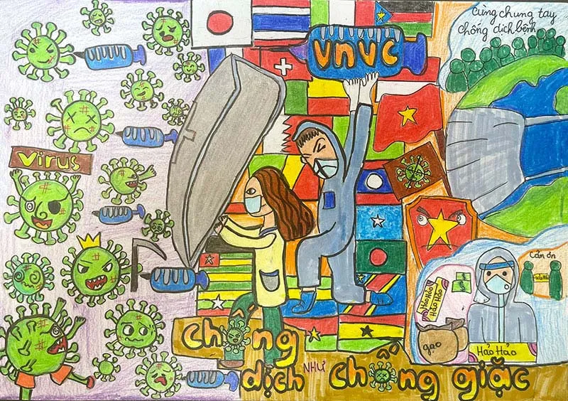 Tranh vẽ sáng tạo về chủ đề tiêm chủng vắc xin của em Kỳ Duyên