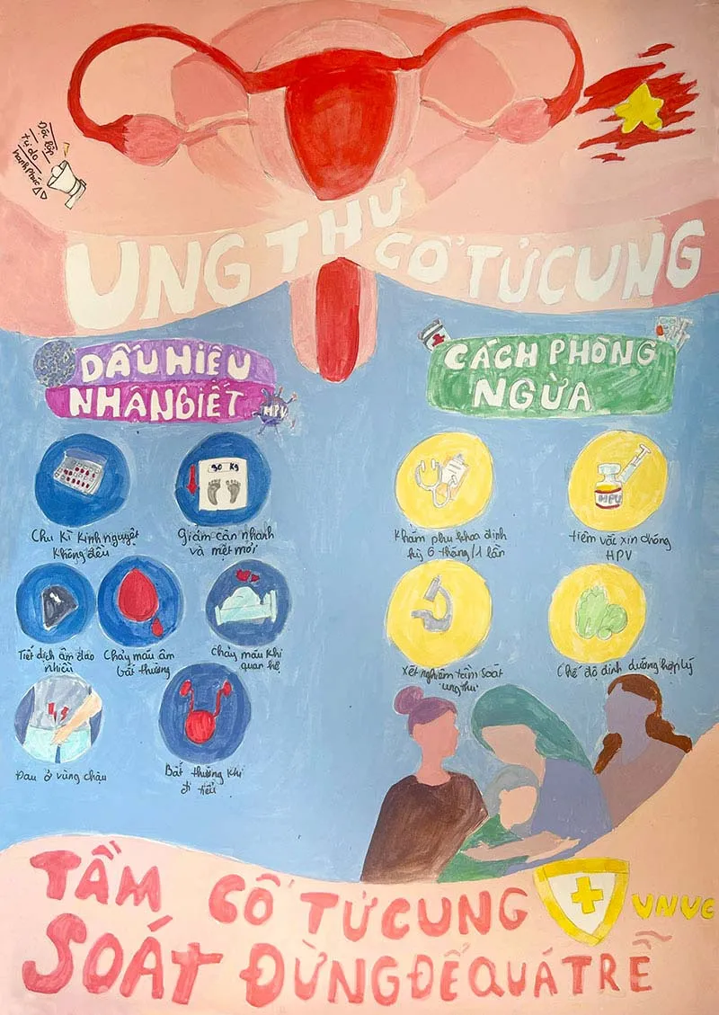Tranh vẽ poster về tiêm vắc xin HPV và tầm soát sức khỏe của em Yến Nhi