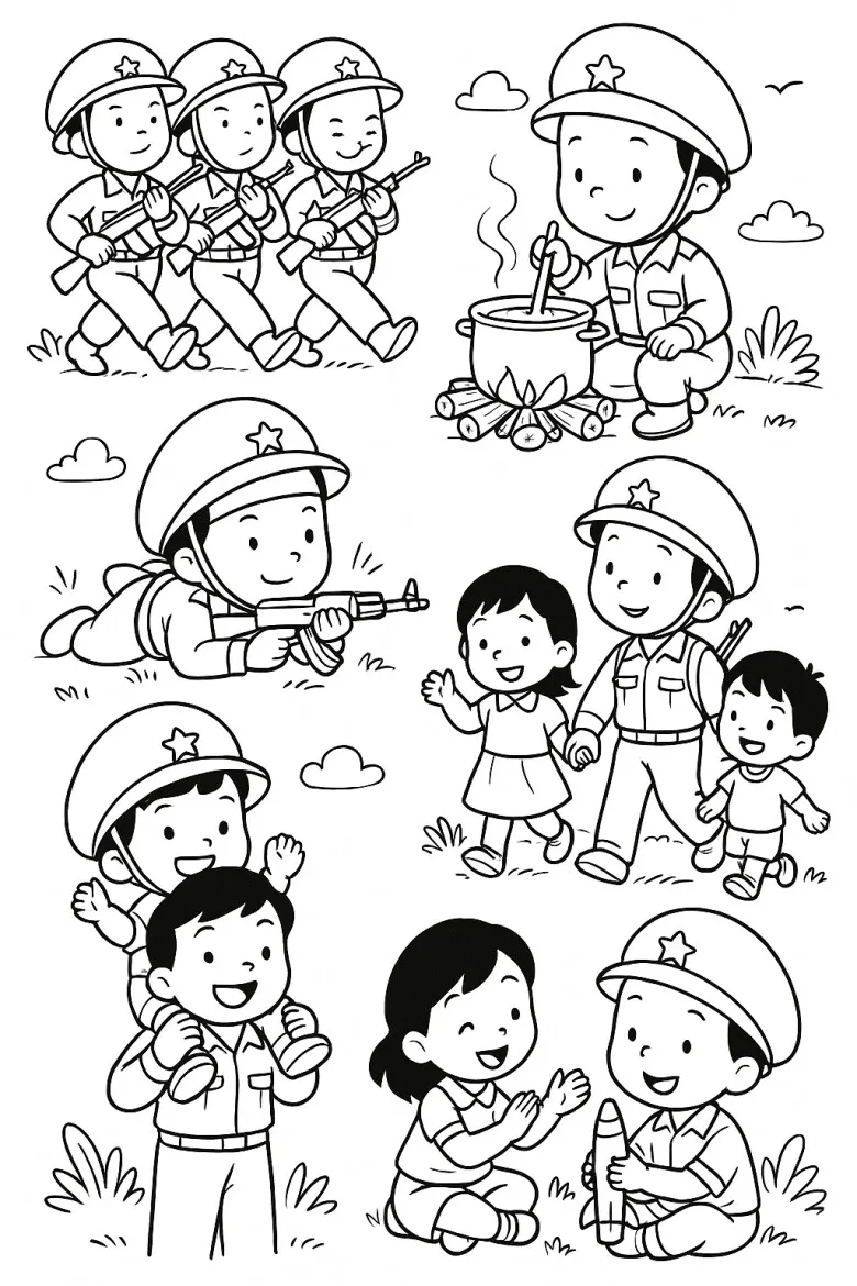 Chú bộ đội vẫy tay chào trong bức tranh tô màu gần gũi với bé