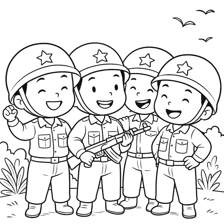 Tranh tô màu chú bộ đội cùng các bạn nhỏ, thể hiện sự gắn bó