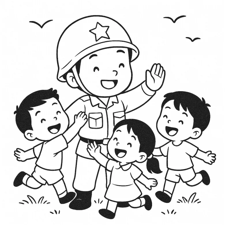 Hình ảnh chú bộ đội cười tươi, đơn giản để bé mầm non tô màu