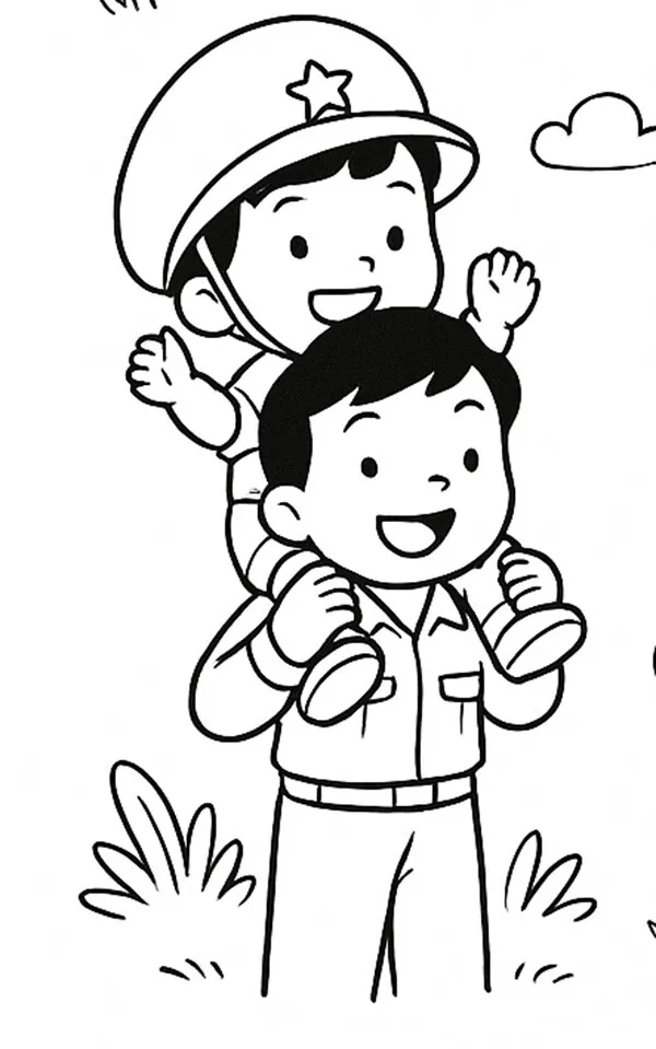 Chú bộ đội và lá cờ Tổ quốc trong tranh tô màu đẹp cho bé mầm non