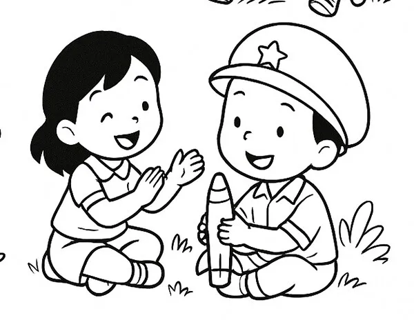 Hai chú bộ đội đứng gác trong bức tranh tô màu chi tiết cho bé