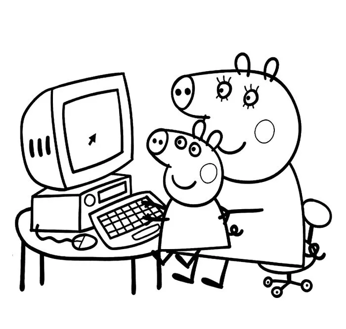 Tranh tô màu Heo Peppa dạy con chơi máy tính