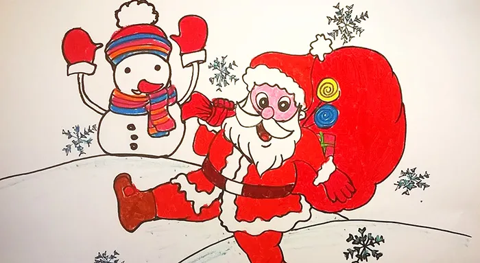 Tranh vẽ ông già Noel đang mang túi quà đi phát cho các bạn nhỏ