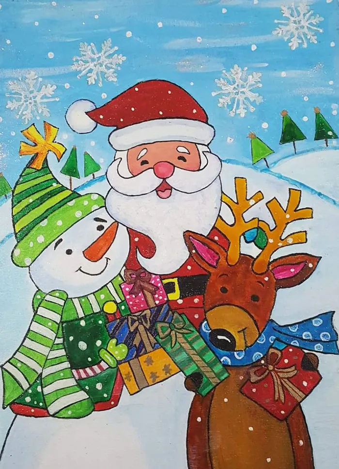 Hình vẽ ông già Noel trên xe trượt tuyết với đầy quà