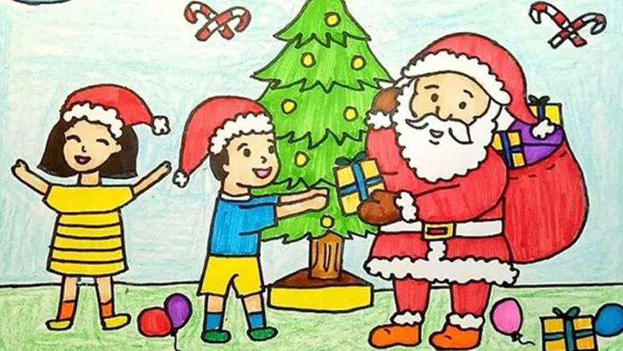 Mẫu tranh vẽ ông già Noel đang chuẩn bị phát quà Giáng sinh