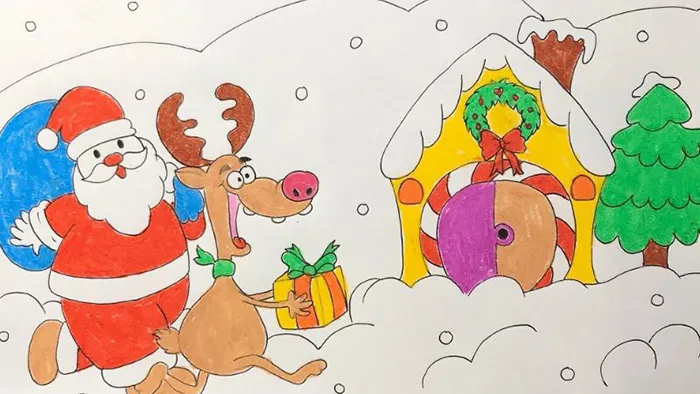Vẽ tranh ông già Noel và tuần lộc trên đường phát quà