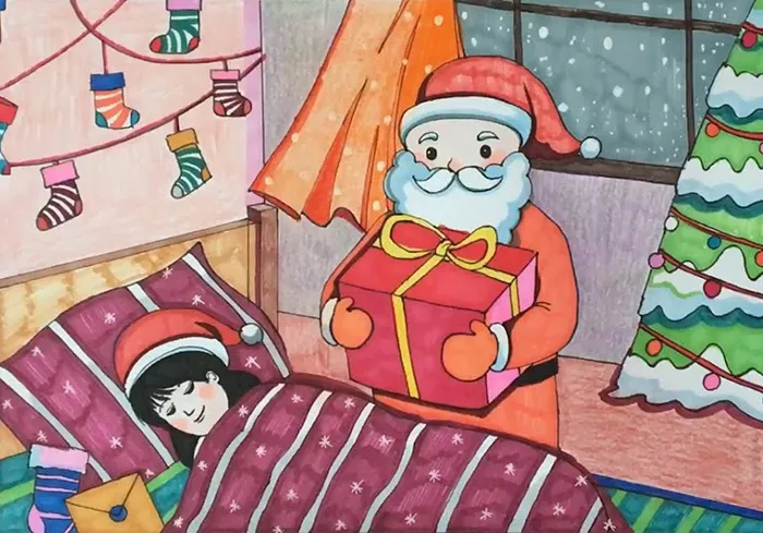 Bức tranh đơn giản về ông già Noel phát quà