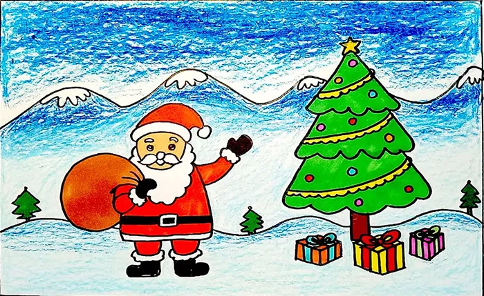 Ý tưởng vẽ tranh Noel với ông già Noel và túi quà lớn