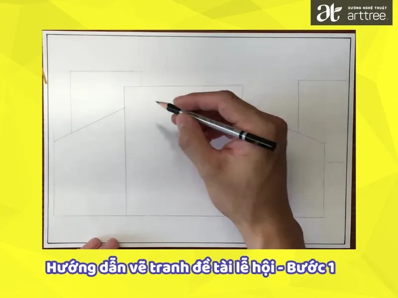 Phác thảo bố cục cơ bản cho tranh vẽ lễ hội Cồng Chiêng, sử dụng các hình khối hình học