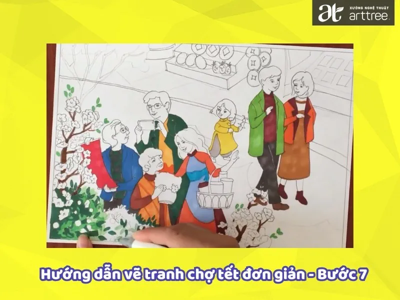 Hướng dẫn vẽ tranh chợ Tết đơn giản - Bước 7