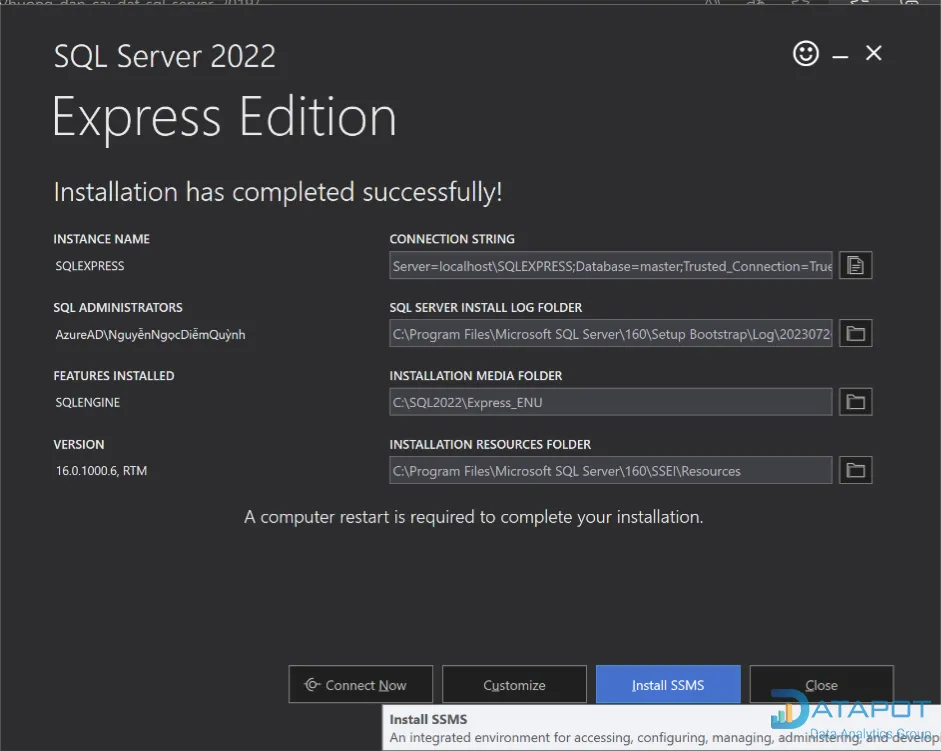 Nhấn nút Install SSMS sau khi cài SQL Server