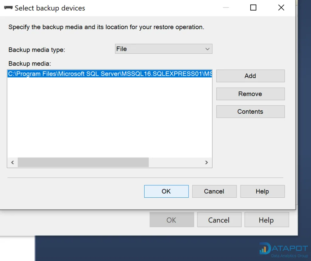 Chọn tệp backup .bak từ thư mục