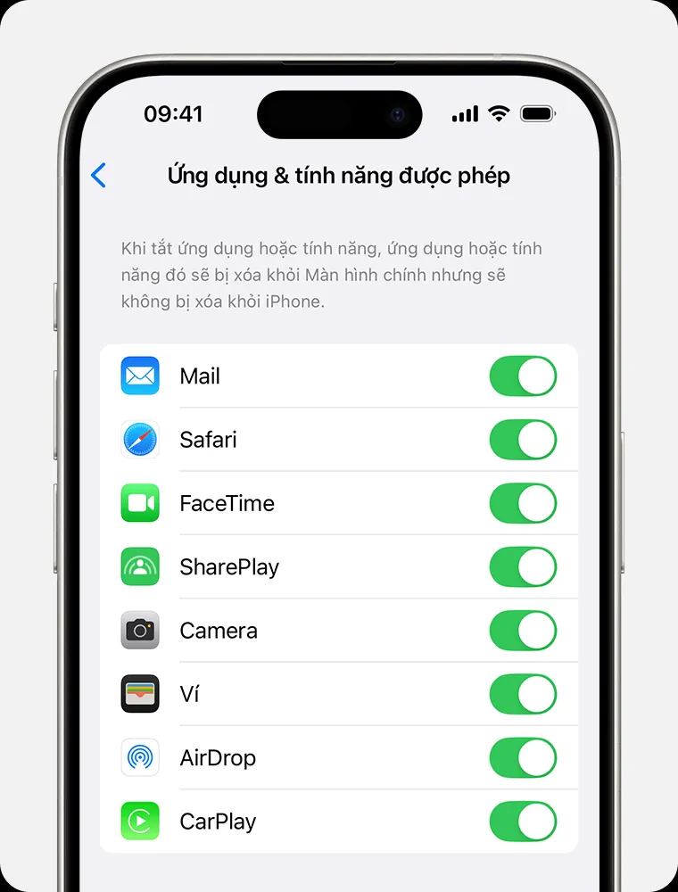 Màn hình cài đặt Thời gian sử dụng trên iPhone hiển thị danh sách Ứng dụng &amp; tính năng được phép