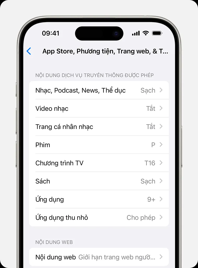 Tùy chọn Giới hạn nội dung trong cài đặt Thời gian sử dụng trên iPhone