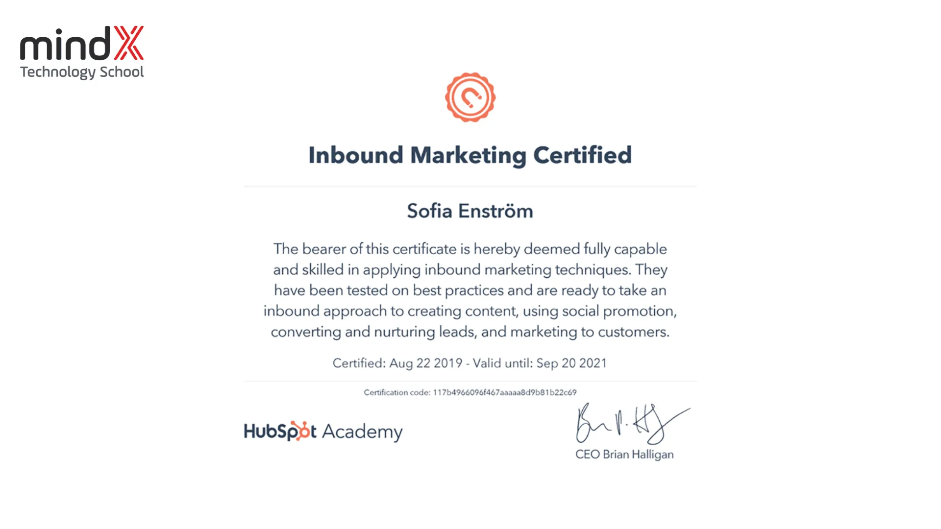 Ví dụ về chứng chỉ khóa học marketing online miễn phí Inbound của HubSpot