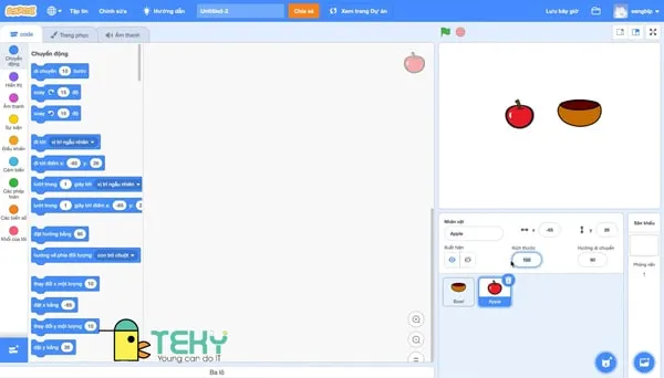 Tạo và quản lý đối tượng (sprites) trong Scratch (rổ và táo)