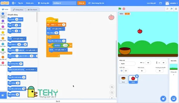 Khối lệnh điều khiển đối tượng táo trong game Scratch