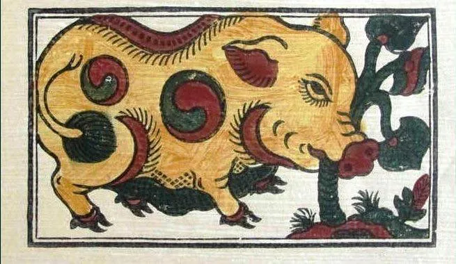 Con lợn mập mạp đang ngoạm cây ráy trong tranh Đông Hồ