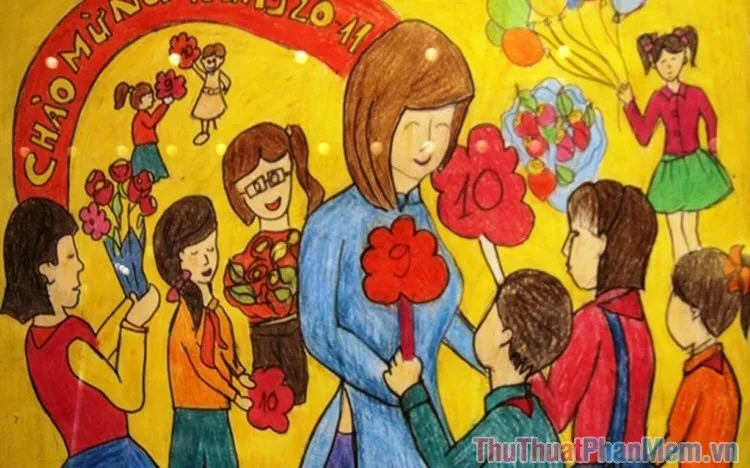 Tranh vẽ cô giáo đang giảng bài trên bảng, thể hiện sự tận tâm của thầy cô