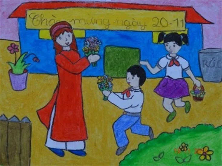 Tranh vẽ thầy cô và các bạn học sinh đang cùng nhau học tập, tình cảm gắn bó thầy trò