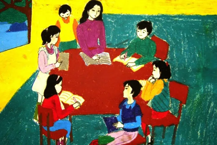 Bức tranh màu sắc tươi sáng vẽ lại các hoạt động thường ngày ở trường, kỷ niệm về mái trường