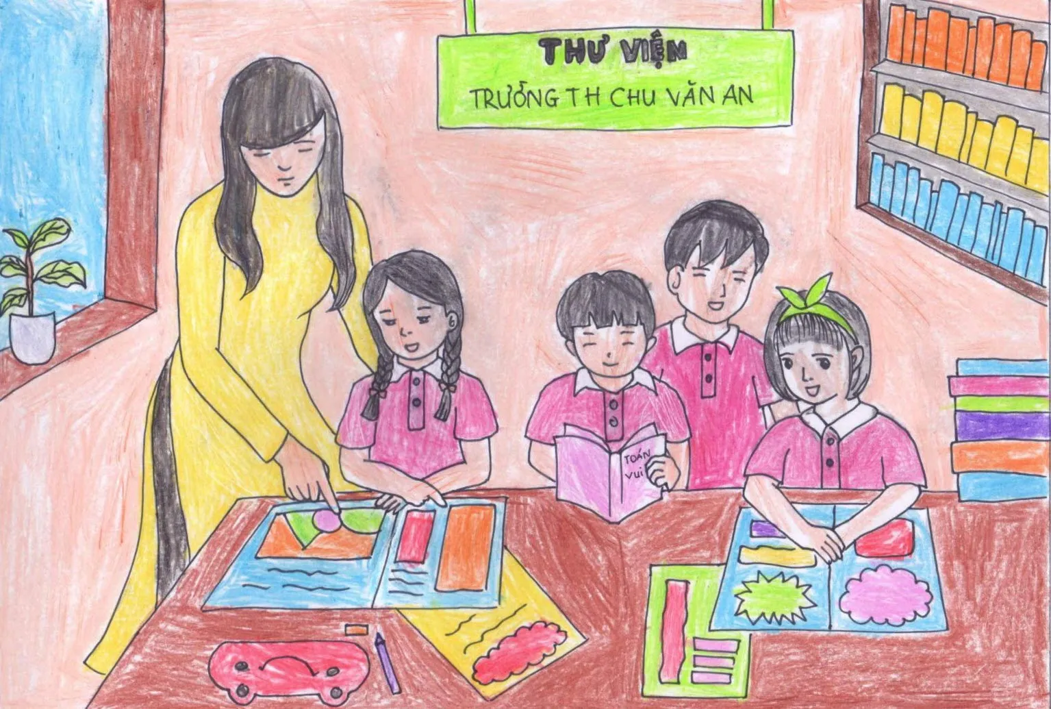 Tranh vẽ lớp học với cô giáo và học sinh, không khí học tập sôi nổi