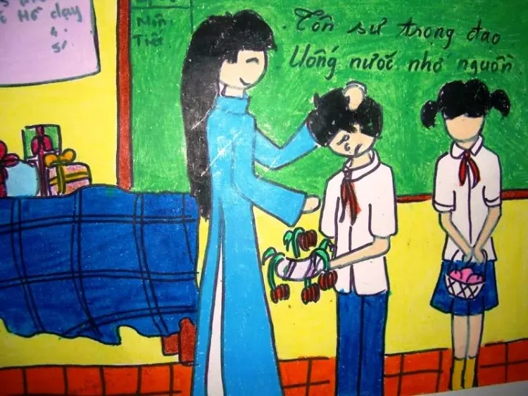 Vẽ cảnh cổng trường với học sinh ra vào, biểu tượng quen thuộc của mái trường